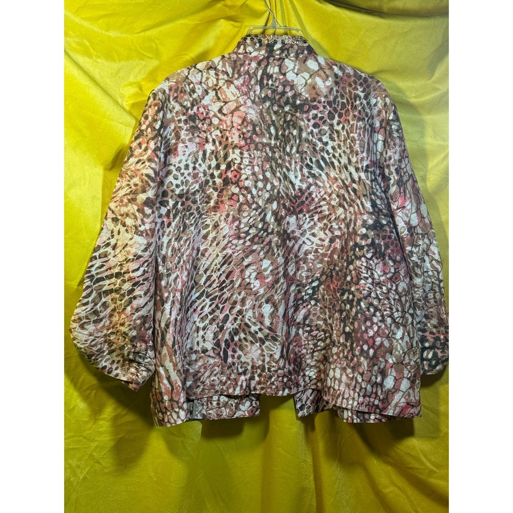 Chicos Animal Print Beaded Linen Blend Open Front Jacket Brown Pink Size 4 XL
